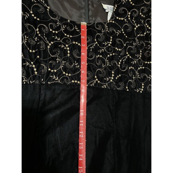 VTG Jessica Howard Velvet Maxi Dress Size 14 Black Gold Embroidered Front Slit - Picture 6 of 16